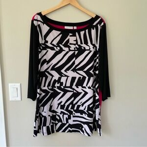 Susan Graver Women Long Sleeve Shirt 2X Black White Pink Geometric Casual